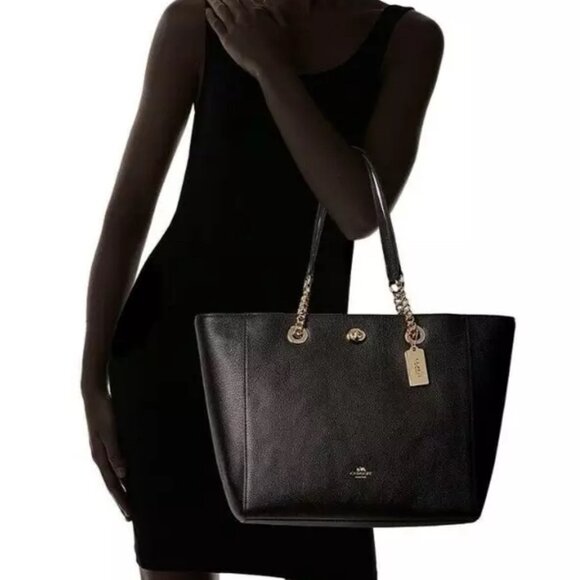 COACH TURNLOCK CHAIN TOTE Black Pebbled Leather Shoulder Bag Work Travel Casual - Picture 16 of 16